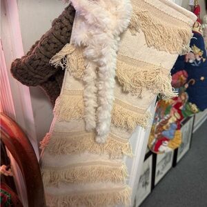 Fringed Cream and Brown Knit Stocking